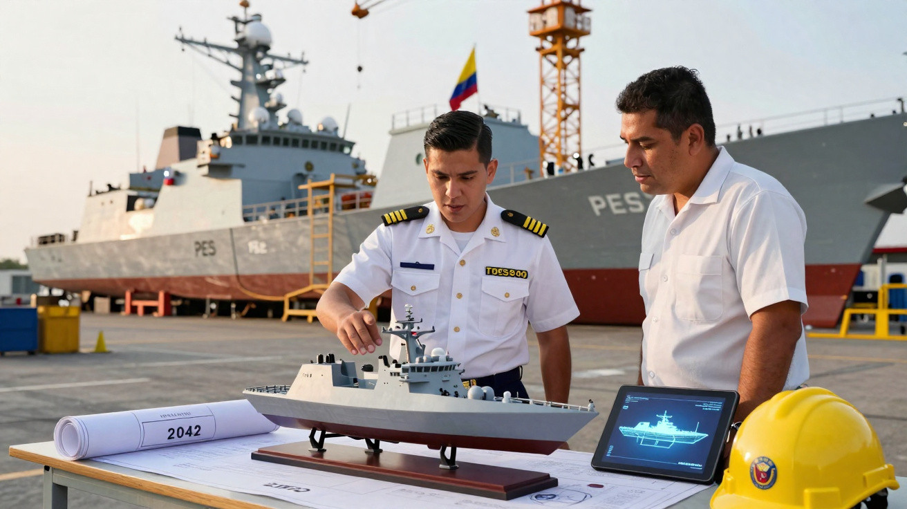 Dois homens analisam maquete e planta de navio militar em porto com navios e capacete amarelo ao lado.
