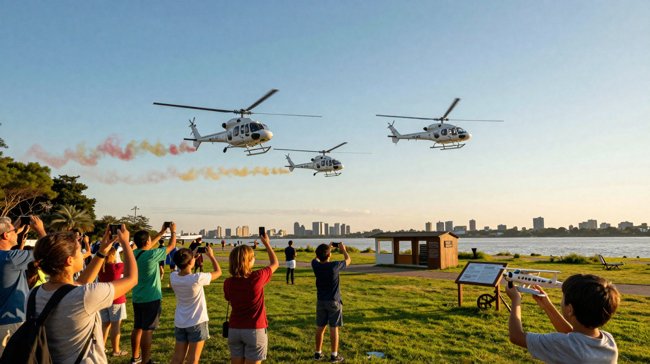 Pessoas observando e fotografando helicópteros voando com fumaça colorida em parque próximo a rio e cidade.