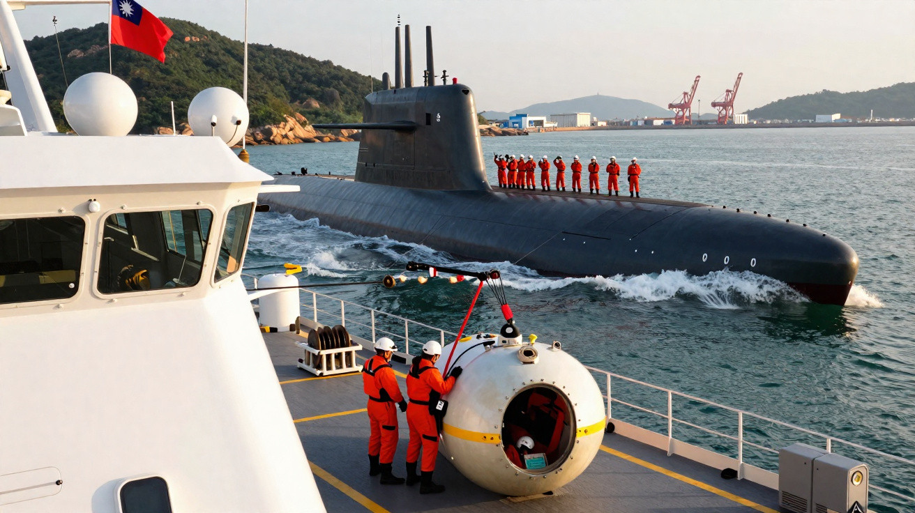 Submarino preto no mar com tripulantes em uniforme laranja em embarcação próxima a ele coordenando operação.