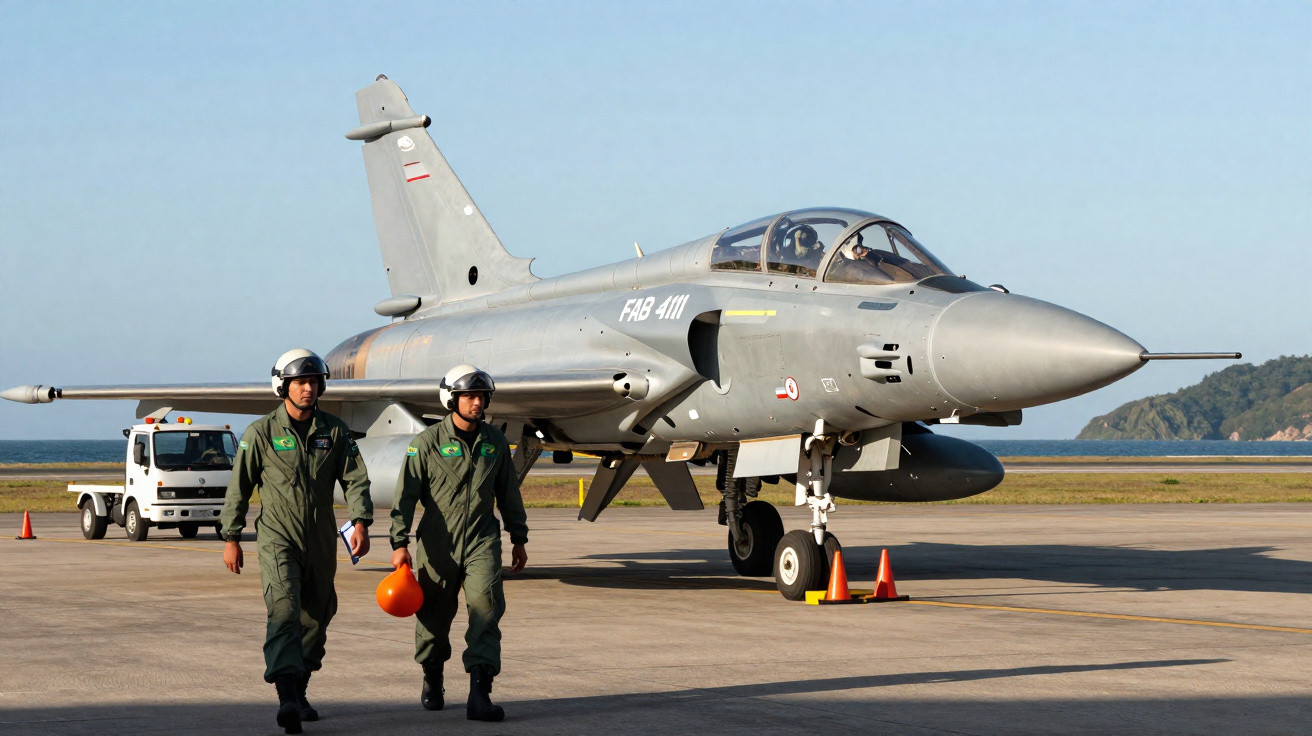 Dois pilotos com macacões verdes e capacetes caminham ao lado de caça militar cinza estacionado em pista.
