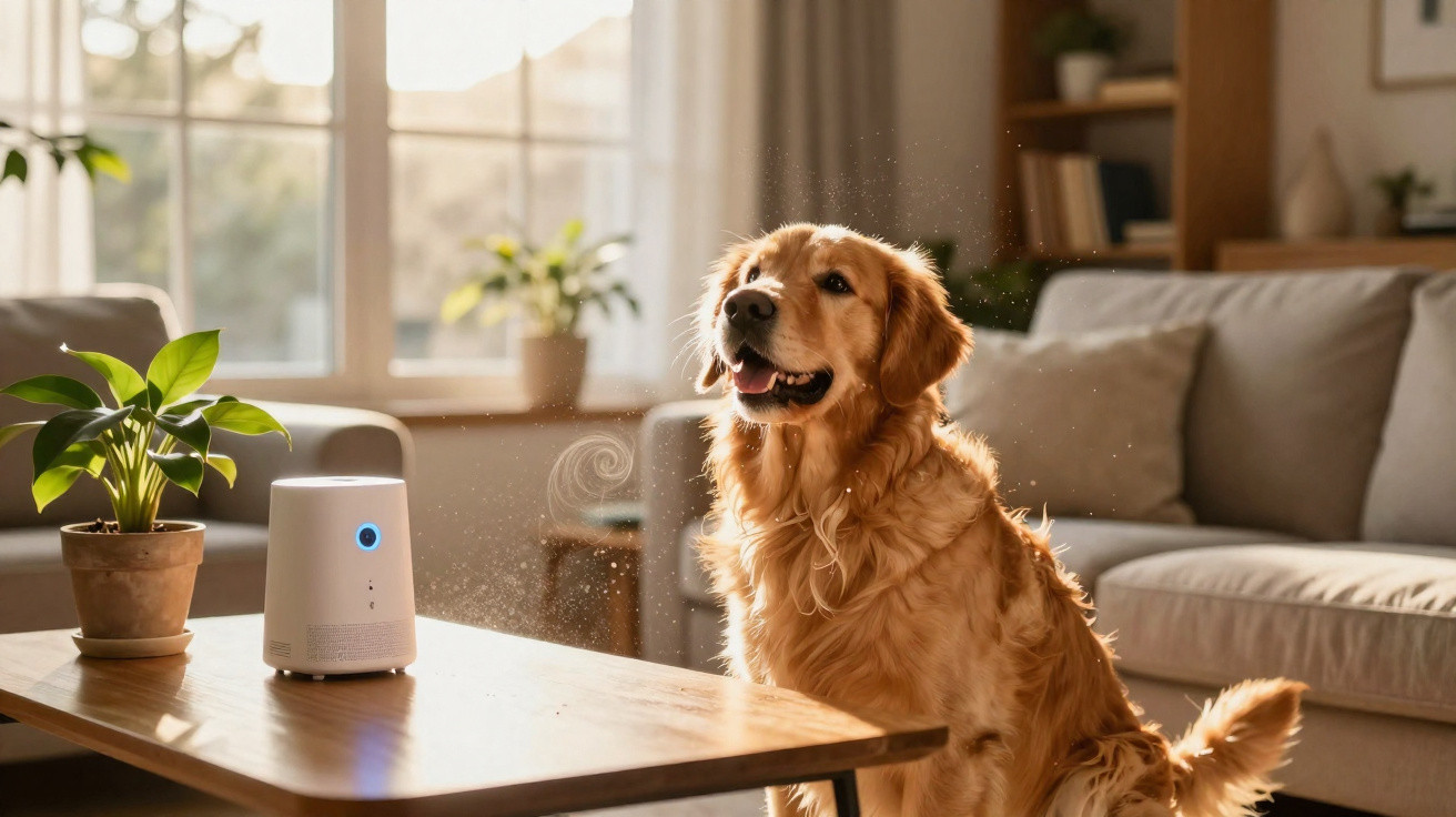 Cachorro golden retriever sentado próximo a uma mesa com umidificador e planta em sala iluminada.