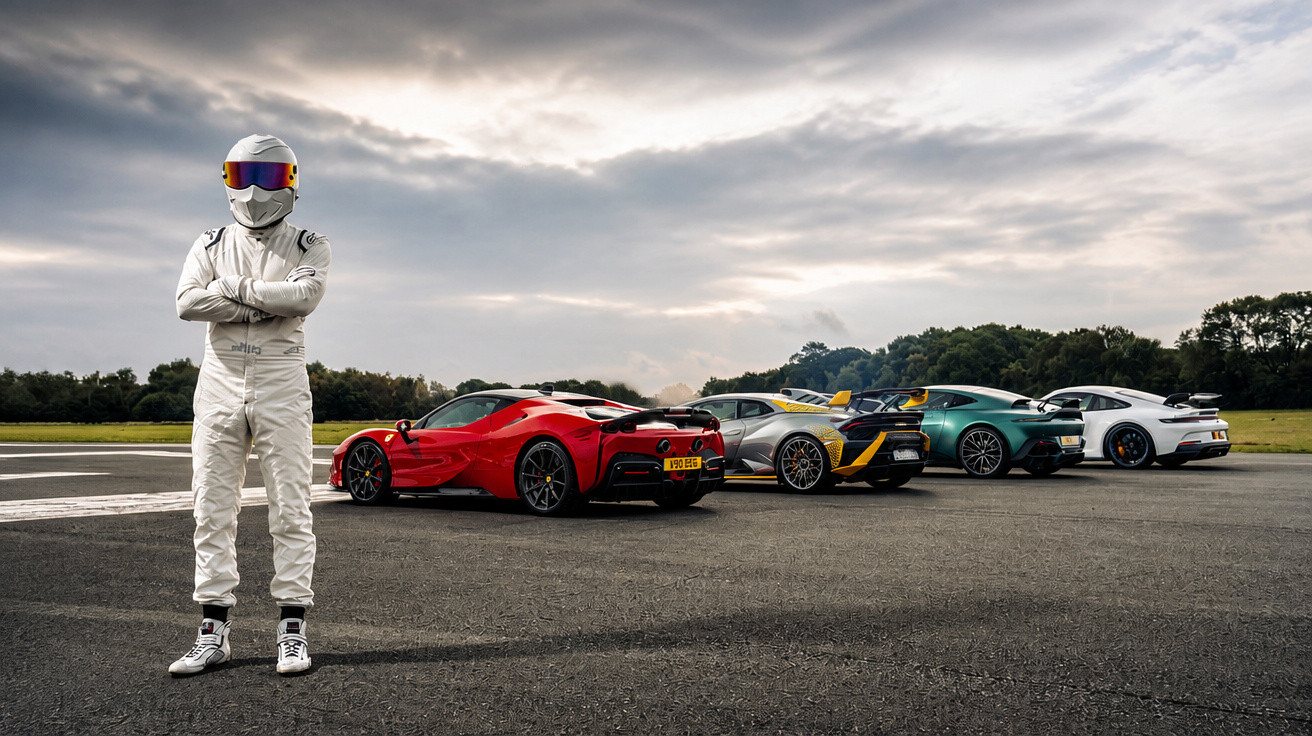 Piloto de capacete branco ao lado de quatro carros esportivos coloridos em pista aberta sob céu nublado.