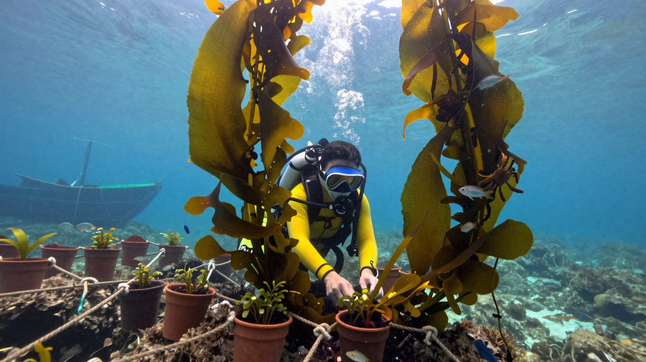 Mergulhador cuidando de plantas marinhas cultivadas em vasos no fundo do mar com barco ao fundo.