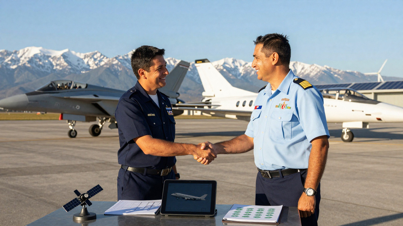 Dois pilotos militares apertando as mãos em aeroporto com aviões e montanha ao fundo.