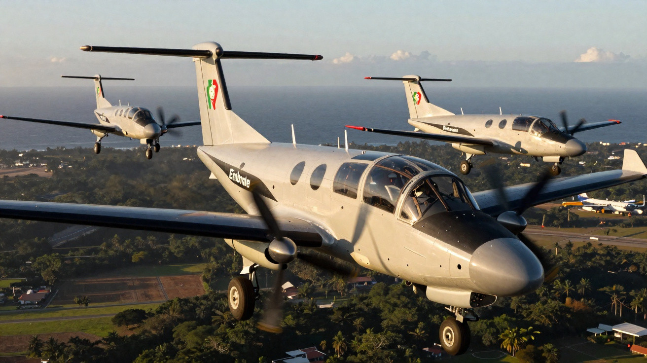 Três aviões militares pequenos voando em formação sobre área verde com casas ao fundo ao pôr do sol.