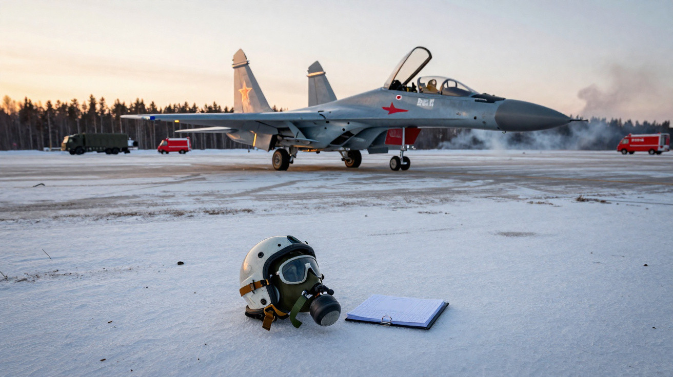 Avião militar em pista coberta de neve com capacete e máscara de piloto no chão em primeiro plano.