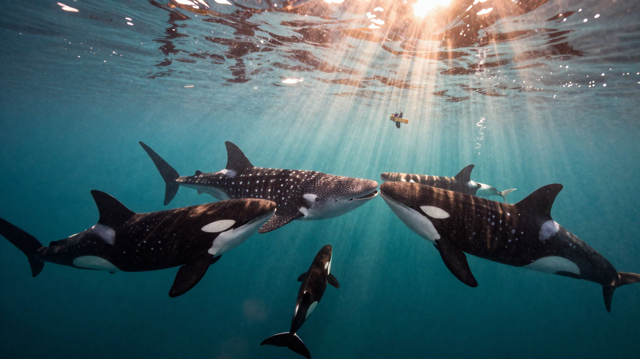 Cinco grandes orcas e um tubarão-baleia nadando juntos em águas claras com luz solar penetrando na superfície.