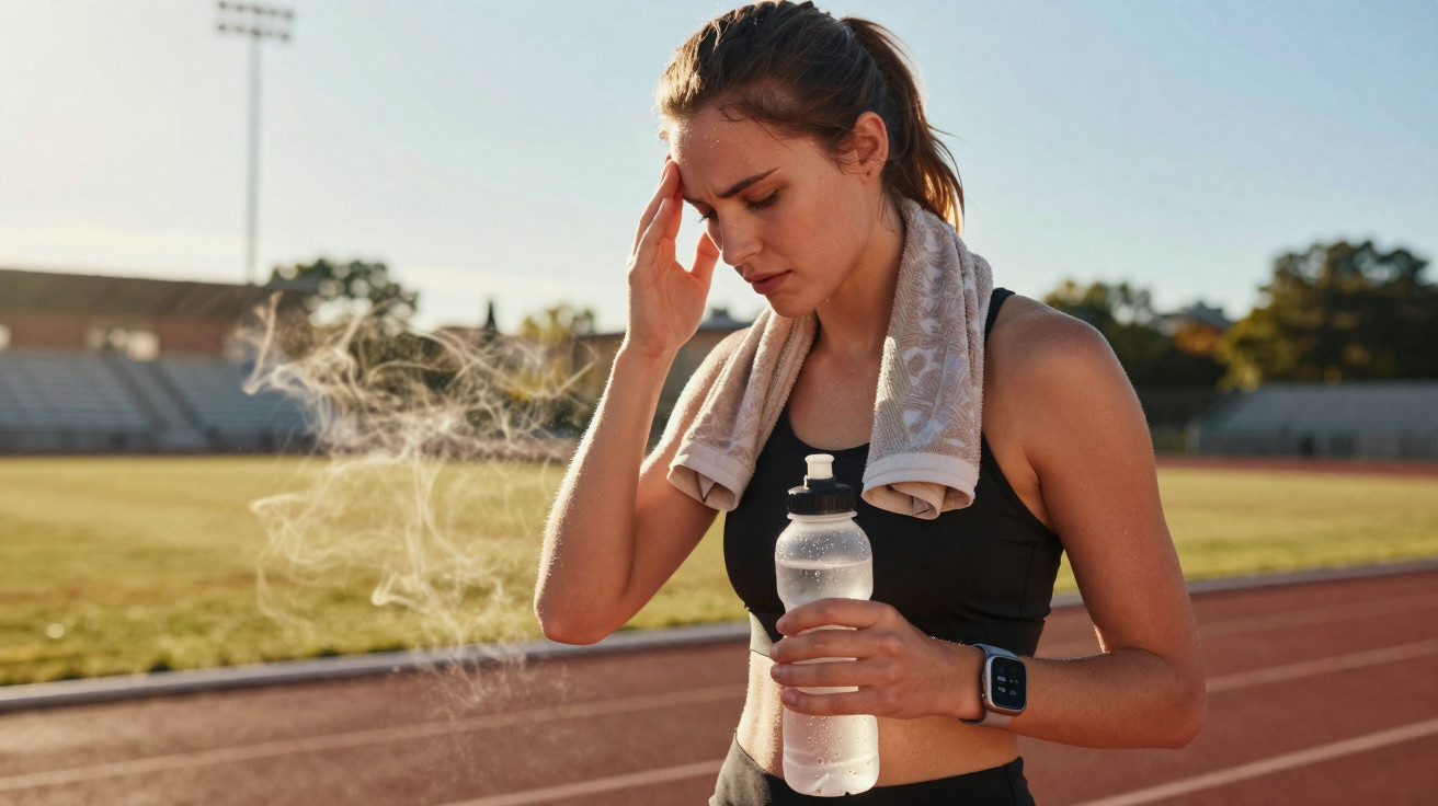 Mulher atleta com toalha no pescoço segura garrafa de água e massageia a cabeça em pista de corrida ao ar livre.