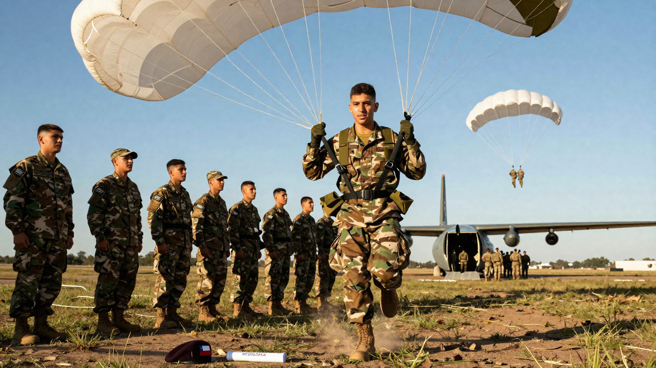 Soldado aterrissando de paraquedas com grupo de militares alinhados ao fundo em campo aberto.