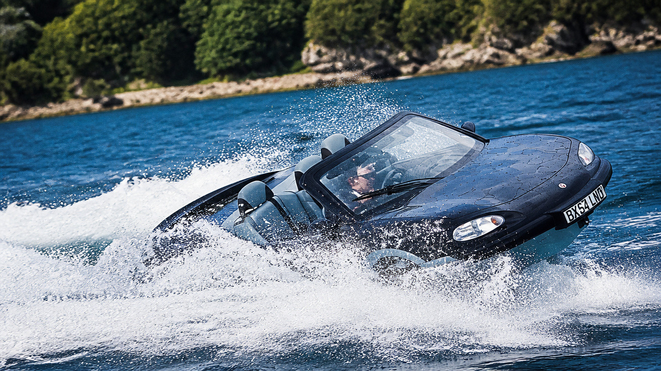 Carro anfíbio preto navegando rapidamente em um lago com árvores ao fundo.