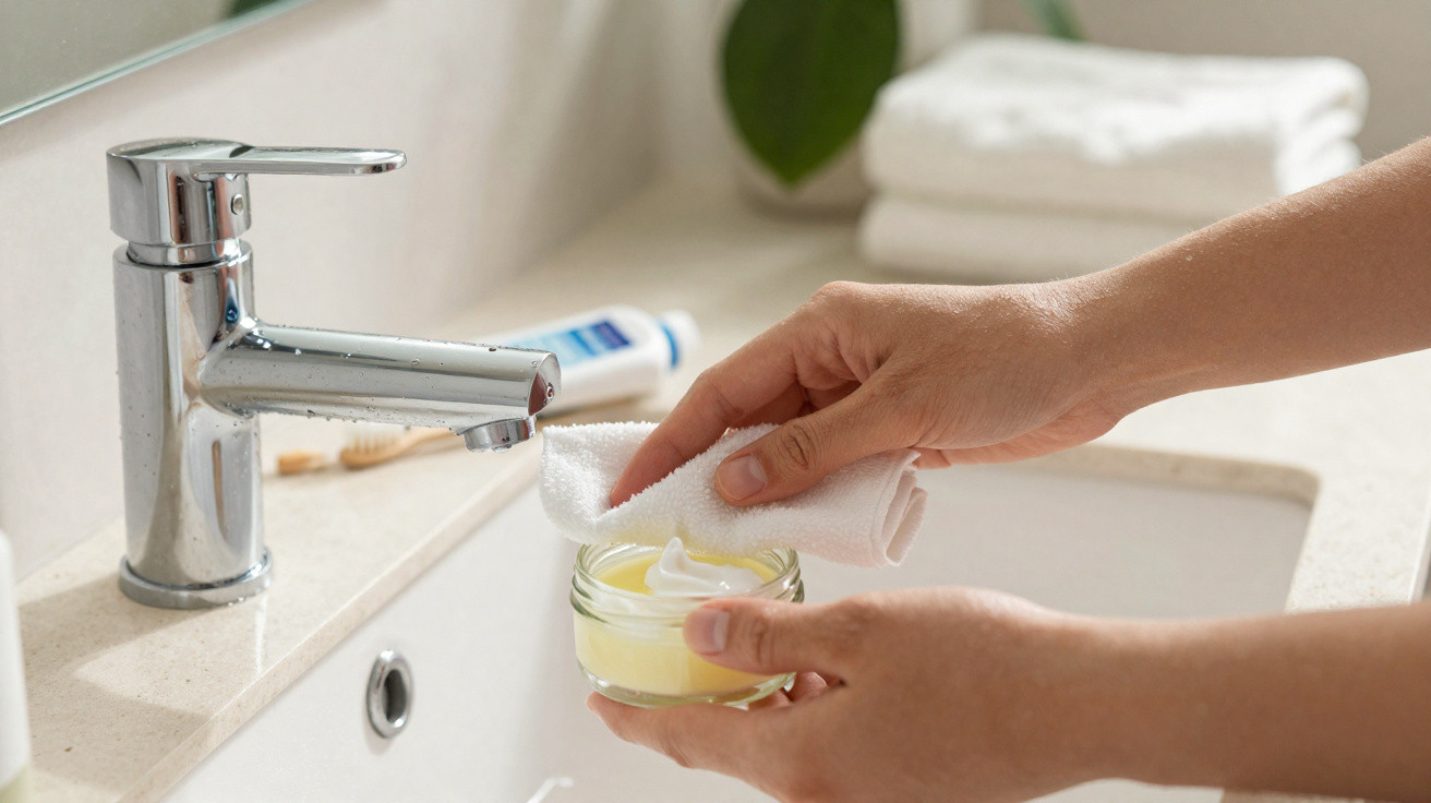 Mãos passando creme hidratante de pote com tolha branca sobre pia com torneira metálica.