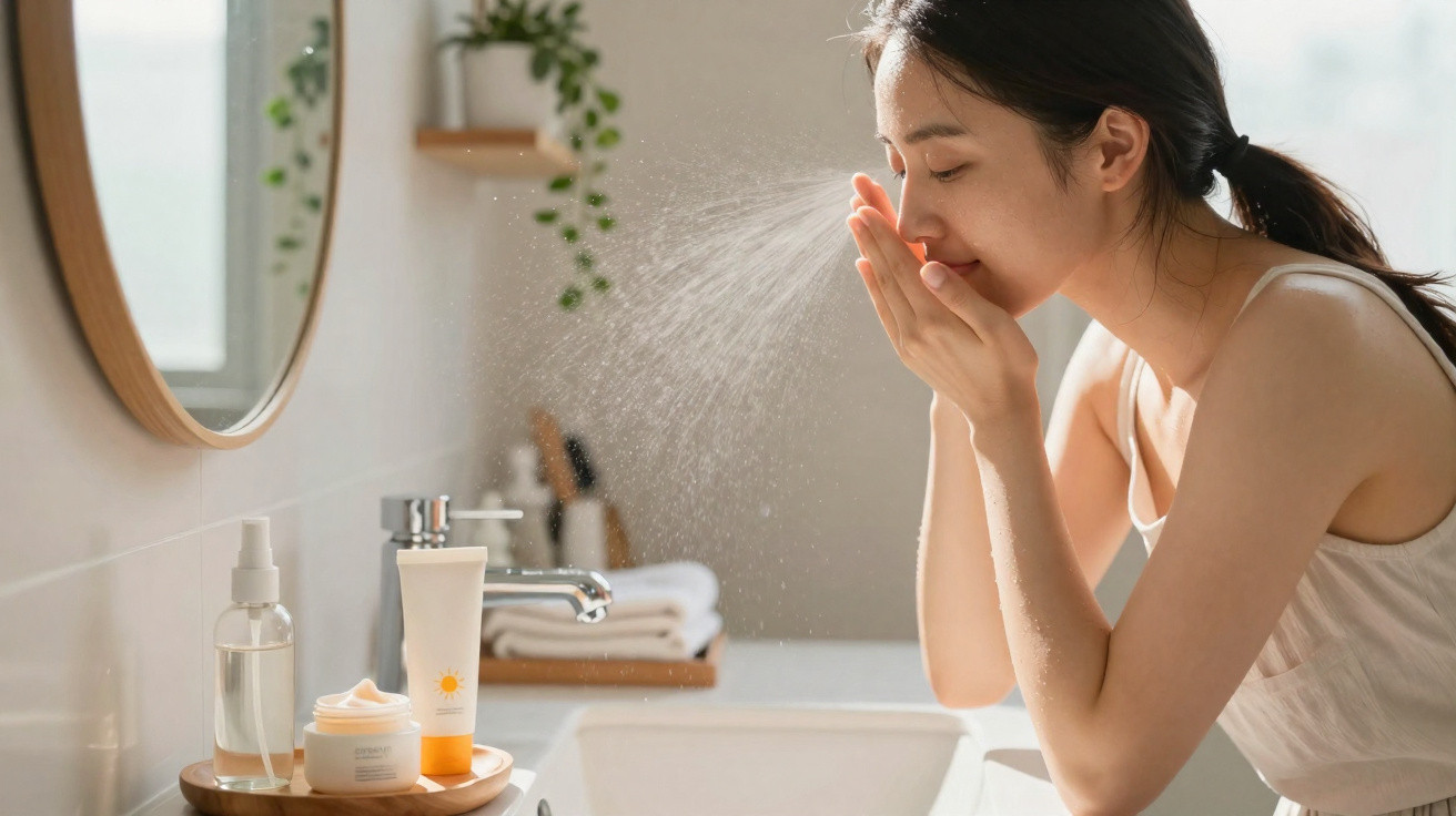 Mulher lavando o rosto com água em banheiro claro, produtos de skincare na pia e espelho ao fundo.