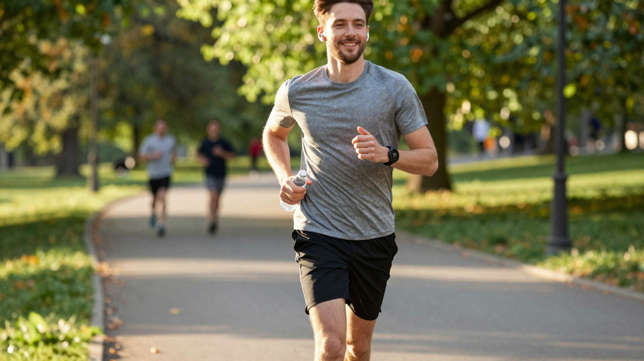 Homem sorridente correndo em parque com camiseta cinza e shorts pretos em dia ensolarado.