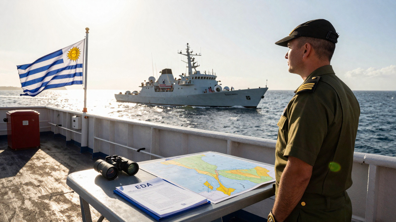 Marinheiro observa navio militar no mar, com mapa, binóculos e bandeira do Uruguai ao fundo.
