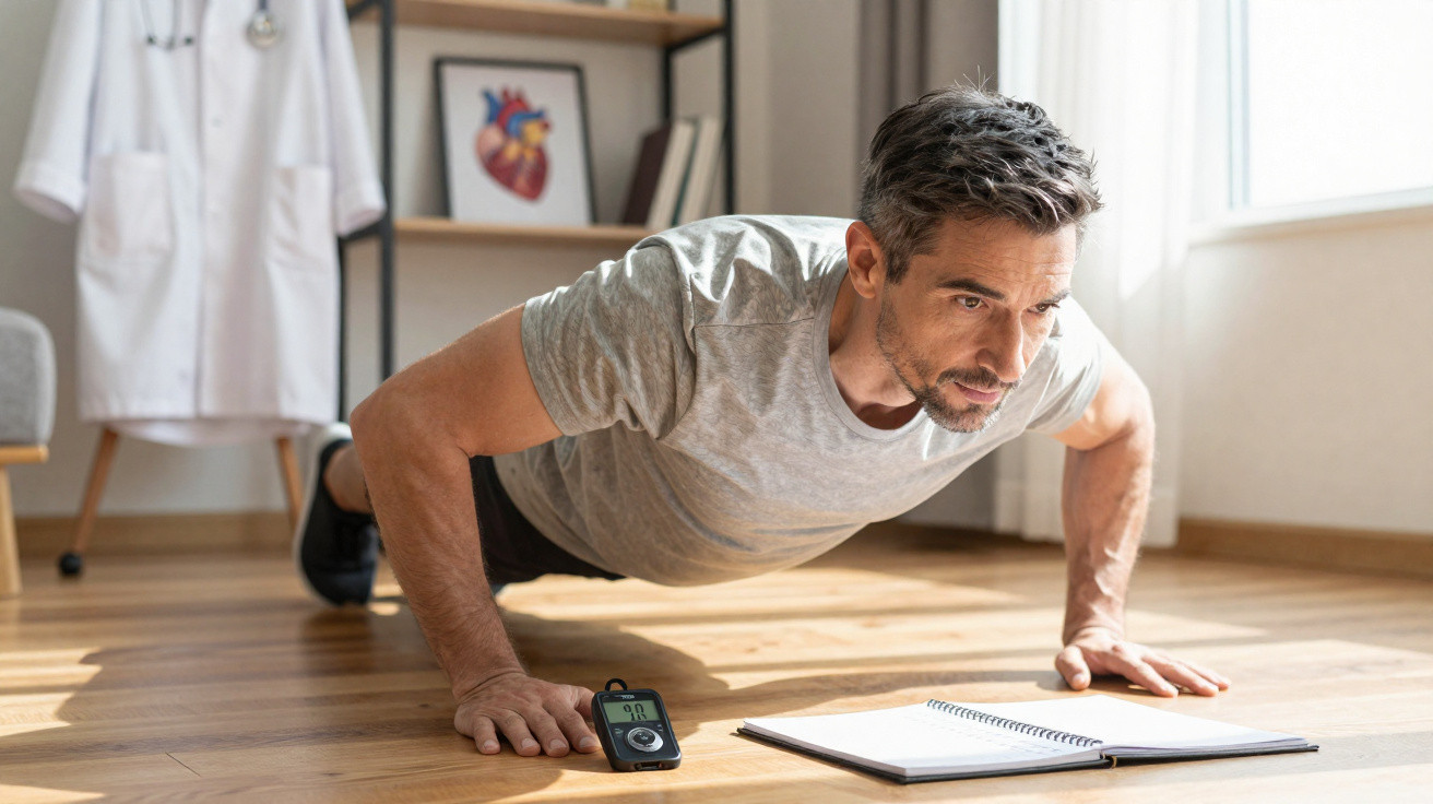 Homem fazendo flexão em casa, com aparelho medindo frequência cardíaca e caderno aberto no chão.