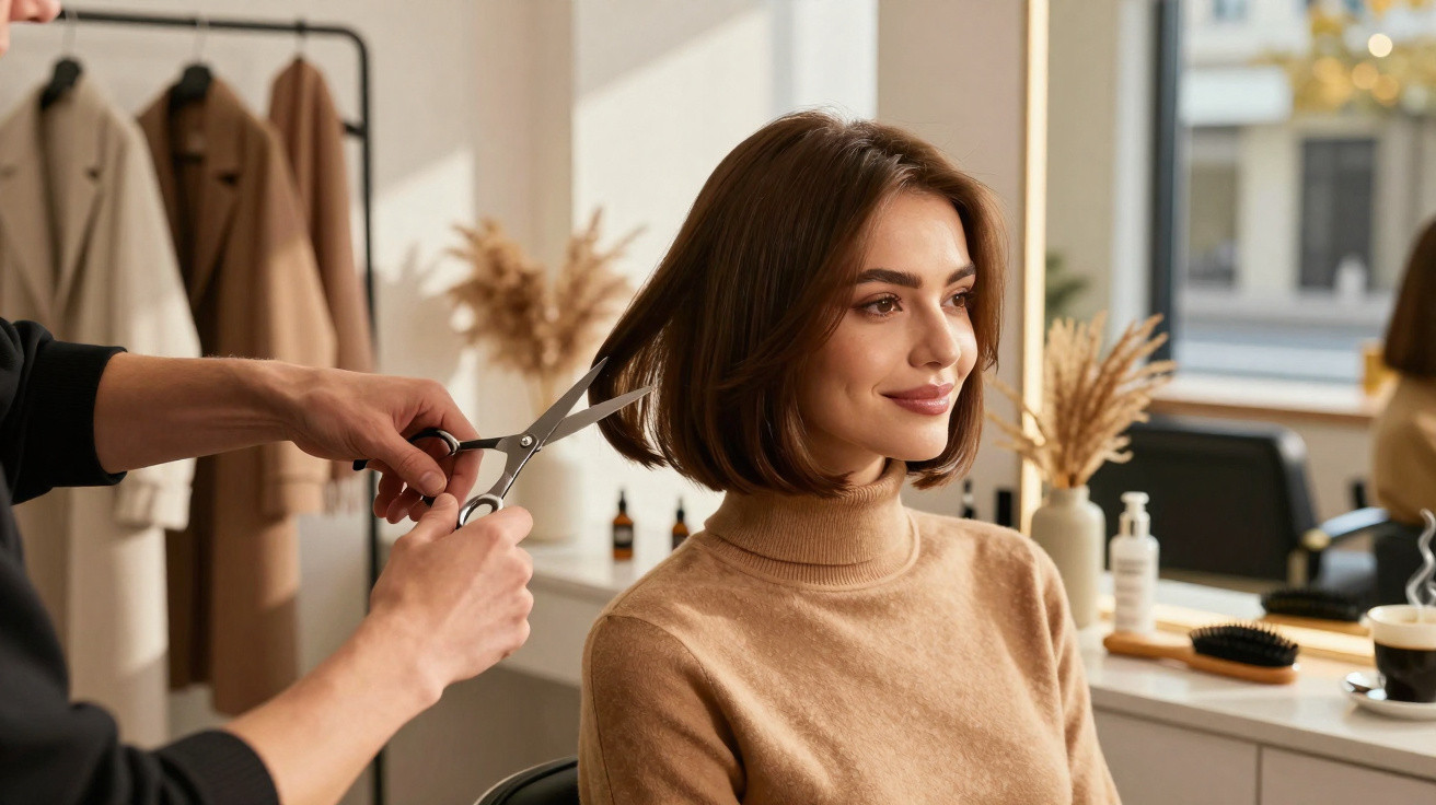 Mulher sorrindo recebendo corte de cabelo estilizado em salão moderno com decoração neutra.