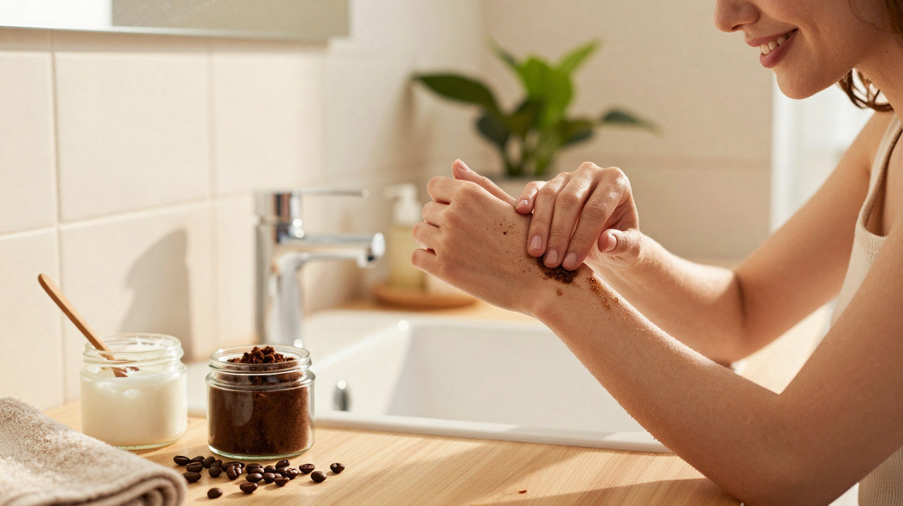 Mulher aplicando esfoliante natural de café nas mãos em ambiente de banheiro iluminado.