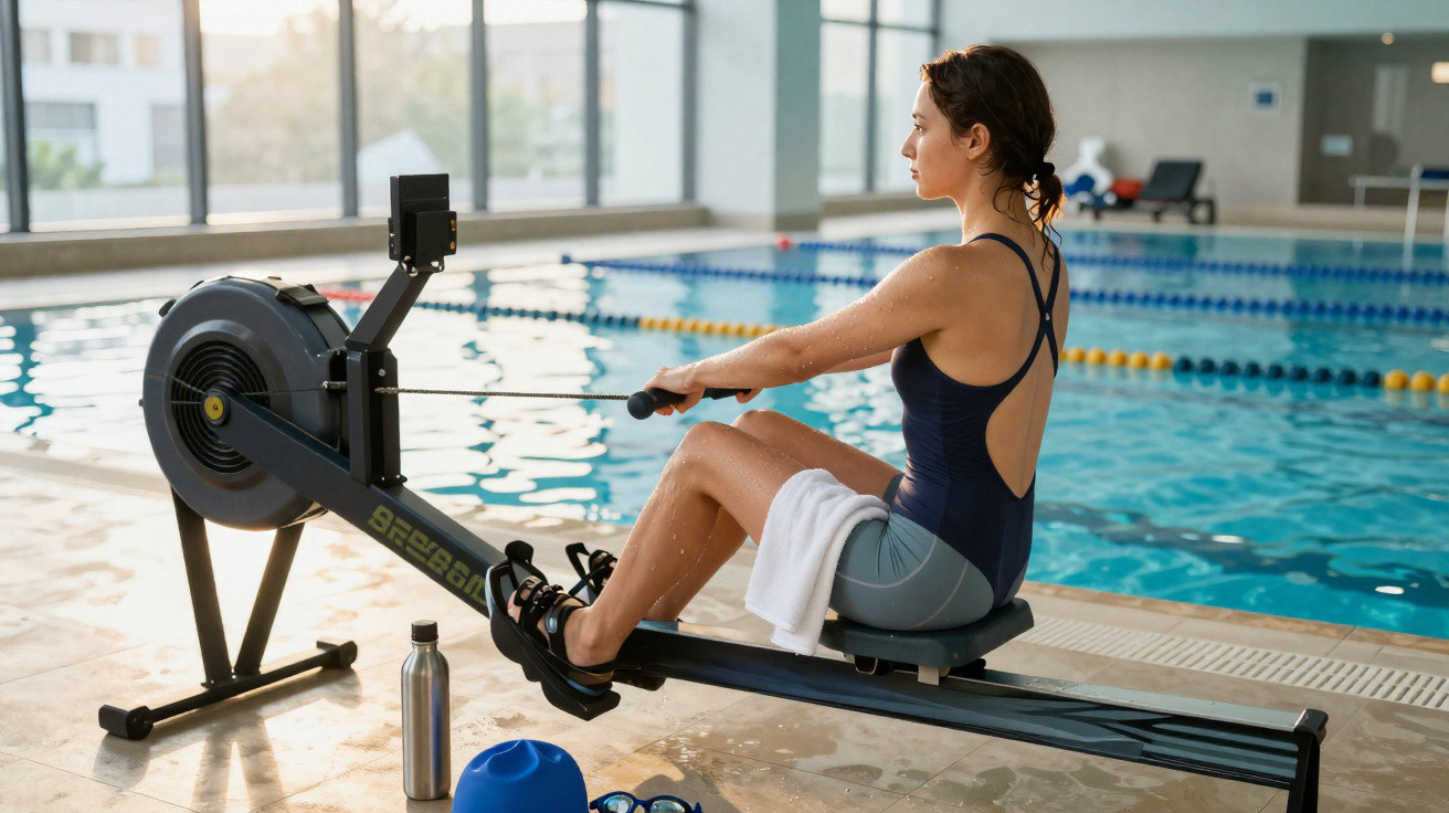 Mulher usando remo indoor ao lado de piscina coberta com toalha, garrafa e equipamentos no chão.
