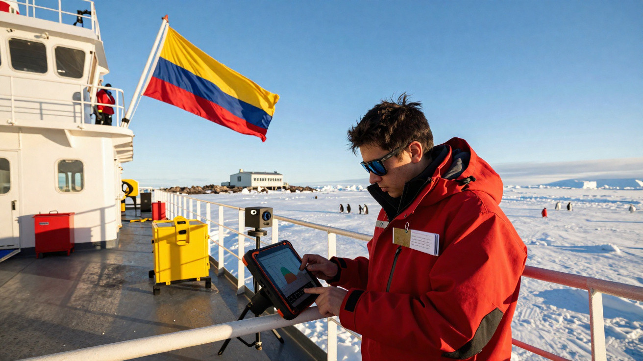Pesquisador em roupa vermelha usando tablet em navio com bandeira da Colômbia, gelo e pinguins ao fundo.