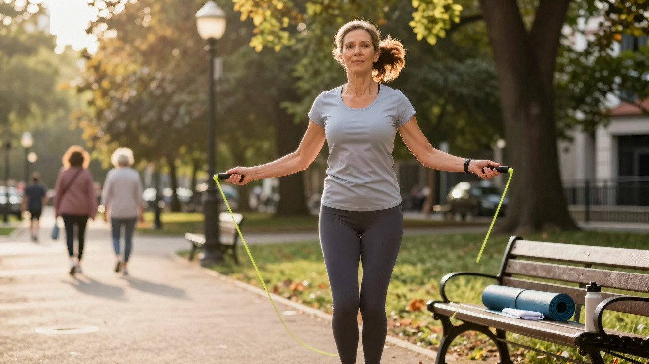 Mulher madura pulando corda em parque urbano ao entardecer, vestindo roupa esportiva cinza.
