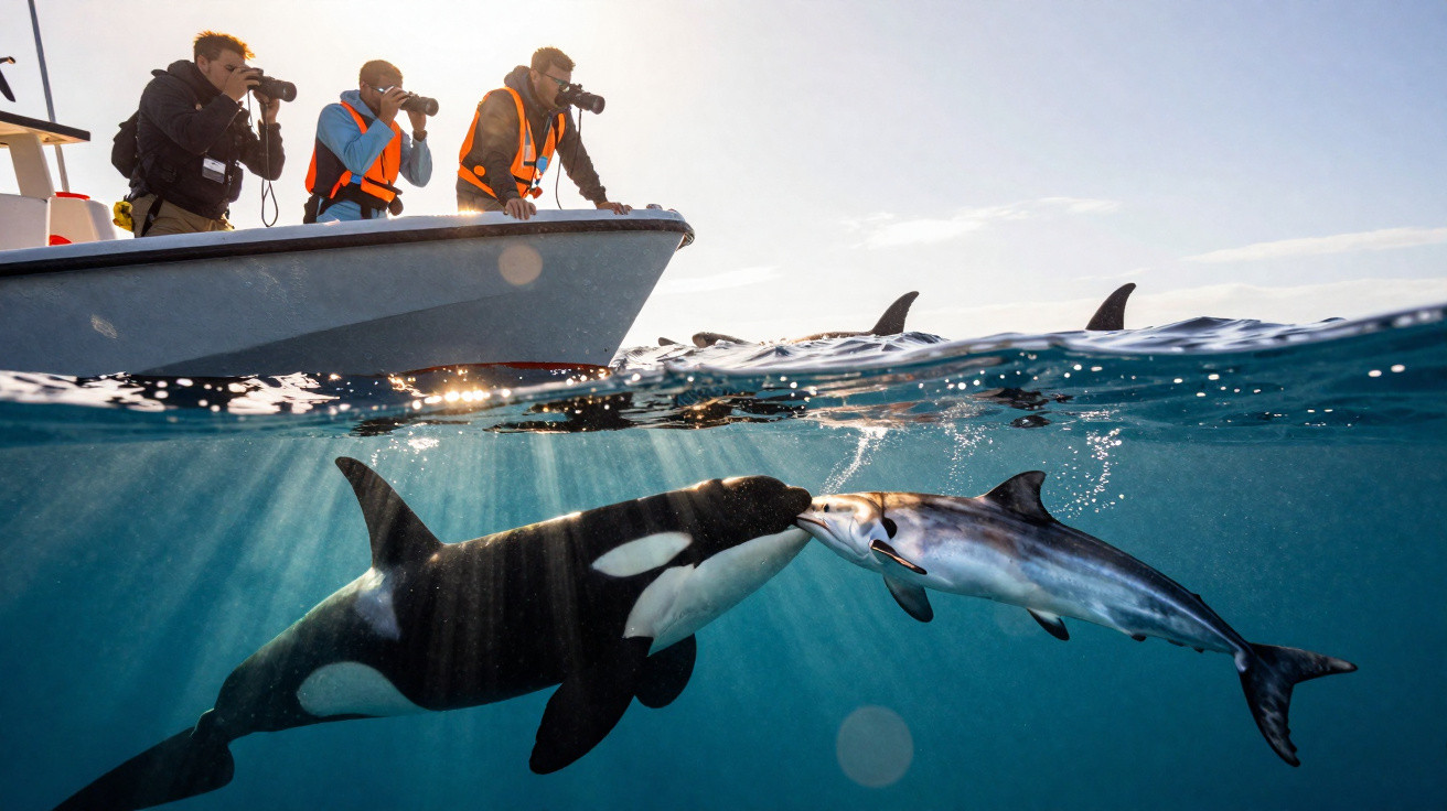 Três pessoas observam baleia orca e golfinho se tocando na água perto de barco com coletes laranja.