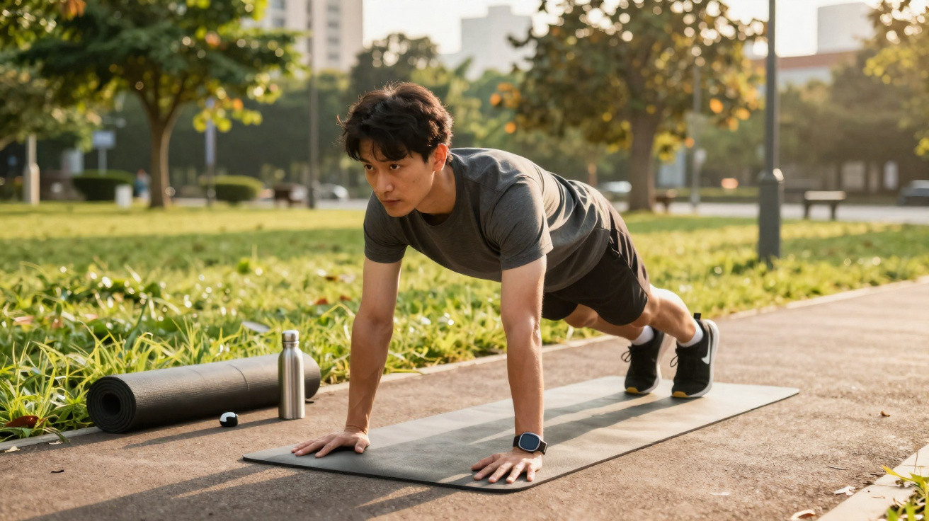 Homem fazendo prancha em tapete de yoga ao ar livre em parque urbano ao amanhecer.