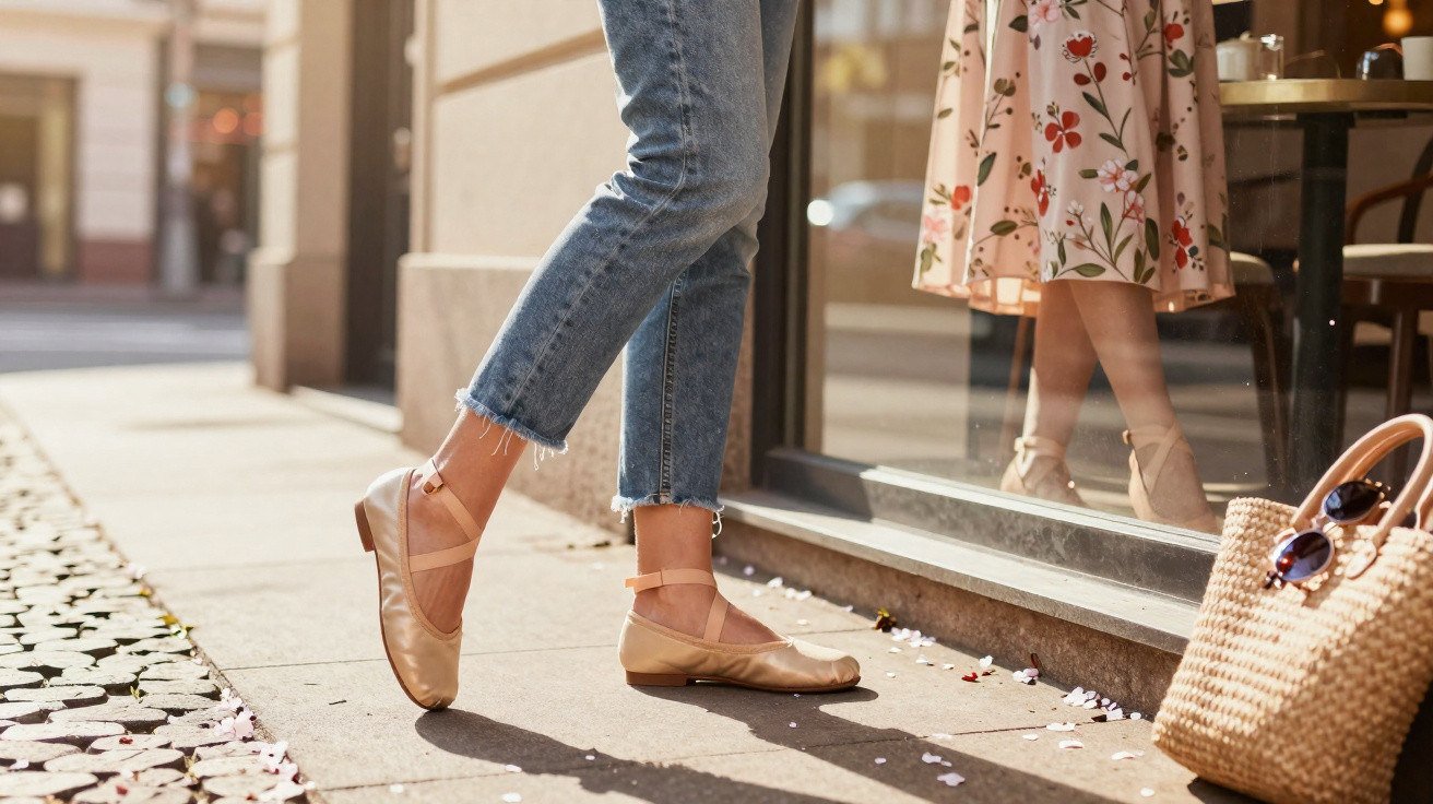 Pessoa com calça jeans e sapatilha bege junto a uma vitrine e uma bolsa de palha na calçada.
