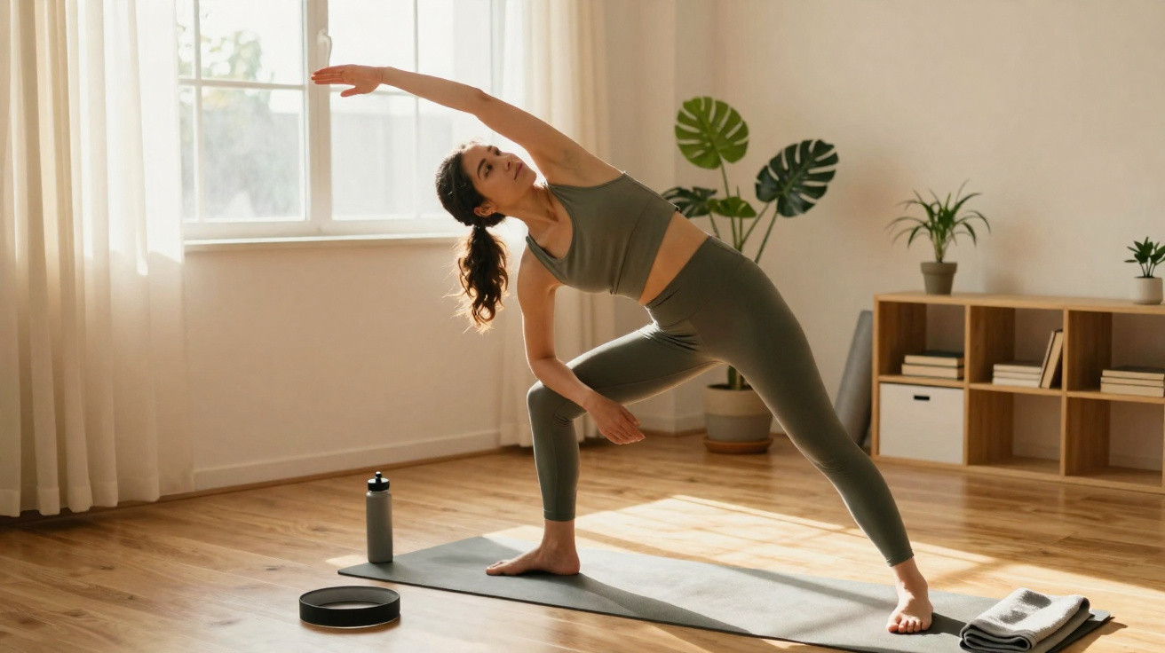 Mulher fazendo exercício de alongamento em tapete de yoga em sala iluminada com plantas e prateleira.