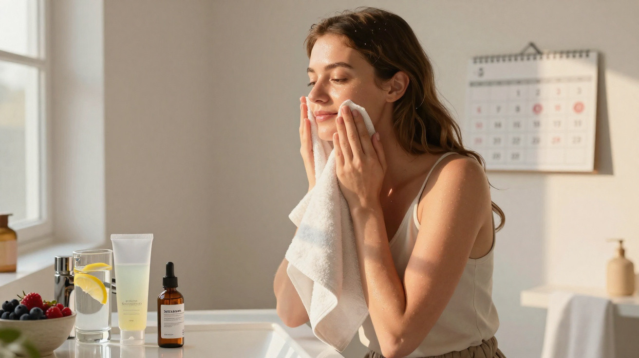 Mulher sorrindo enxuga o rosto com toalha em banheiro iluminado com produtos de skincare na bancada.