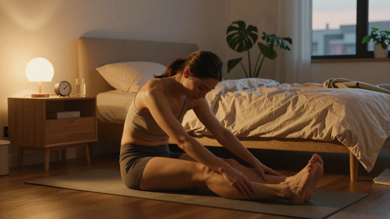 Mulher se alongando sentada no tapete no quarto com luz suave ao amanhecer.