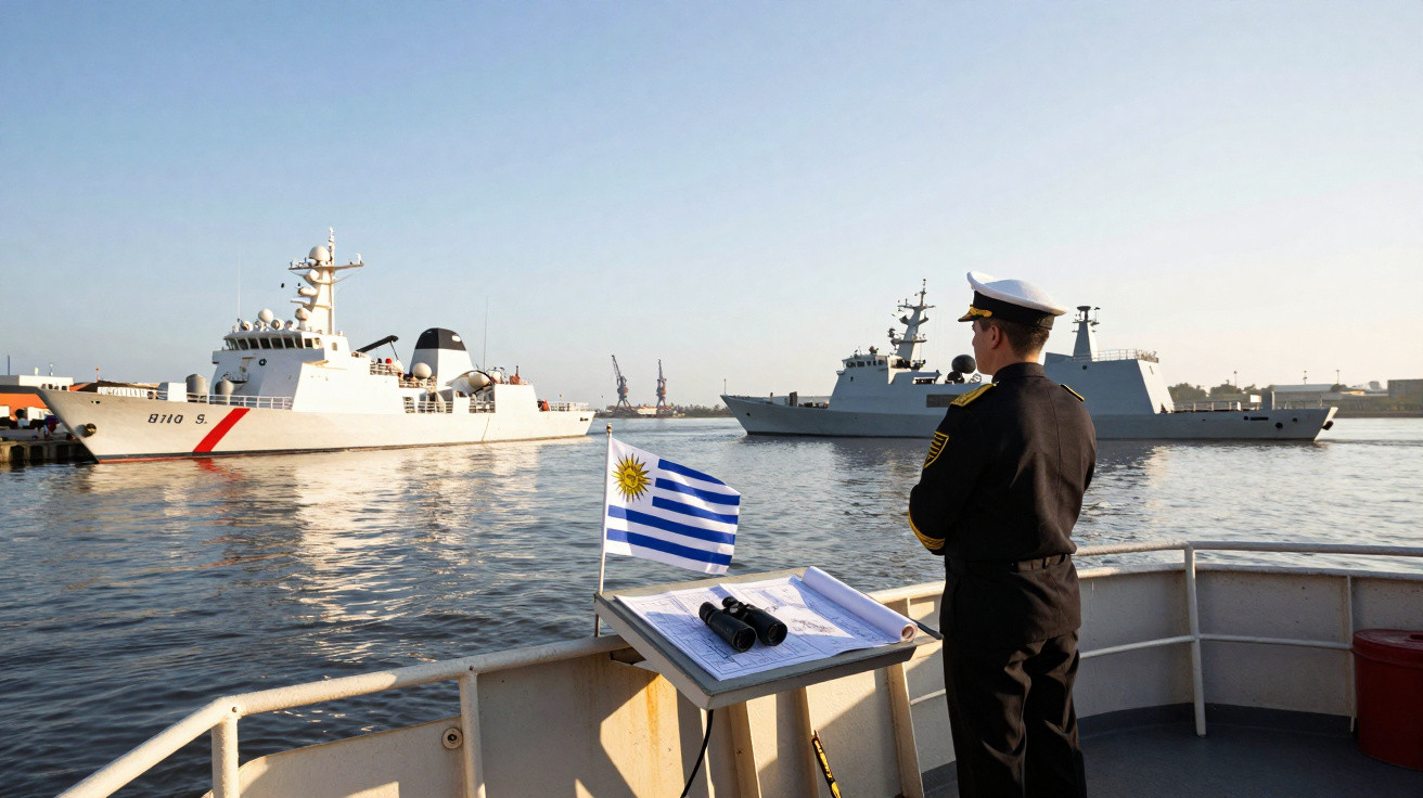 Marinheiro vestido com uniforme preto observa navios de guerra no porto, com bandeira do Uruguai na proa.