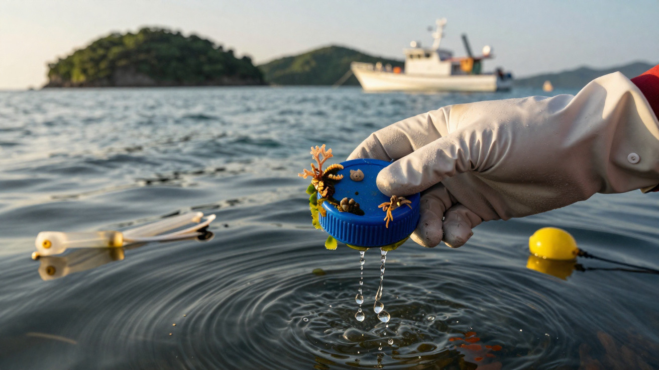 Mão com luva removendo amostras marinhas de um frasco azul na água com barco e ilha ao fundo.
