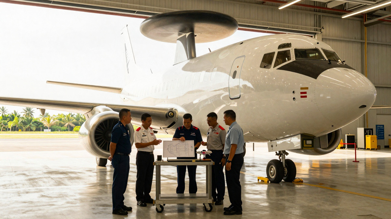 Cinco militares discutindo plano em hangar ao lado de avião de vigilância aérea branco.
