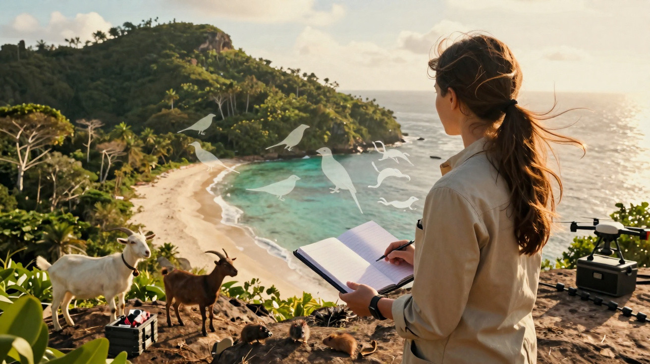 Mulher escreve em caderno em penhasco com vista para praia, cabras e roedores ao redor ao entardecer.
