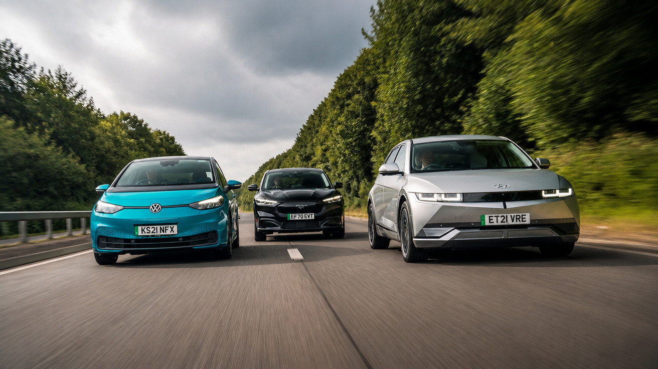 Três carros elétricos modernos em movimento numa estrada cercada por árvores sob céu nublado.