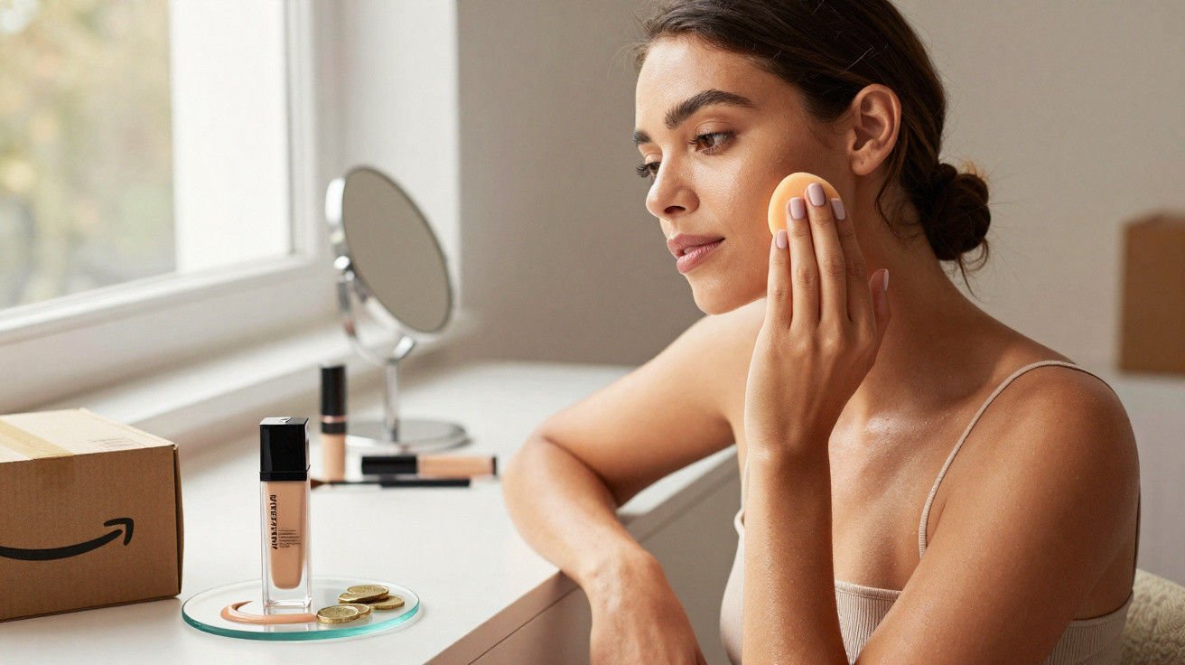 Mulher aplicando base facial com esponja, sentada próxima a janela com produtos de maquiagem na mesa.