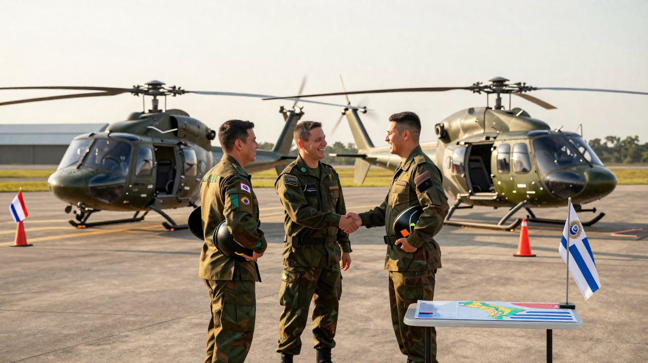 Três militares cumprimentando-se em pista de pouso com dois helicópteros ao fundo e mapa sobre mesa.