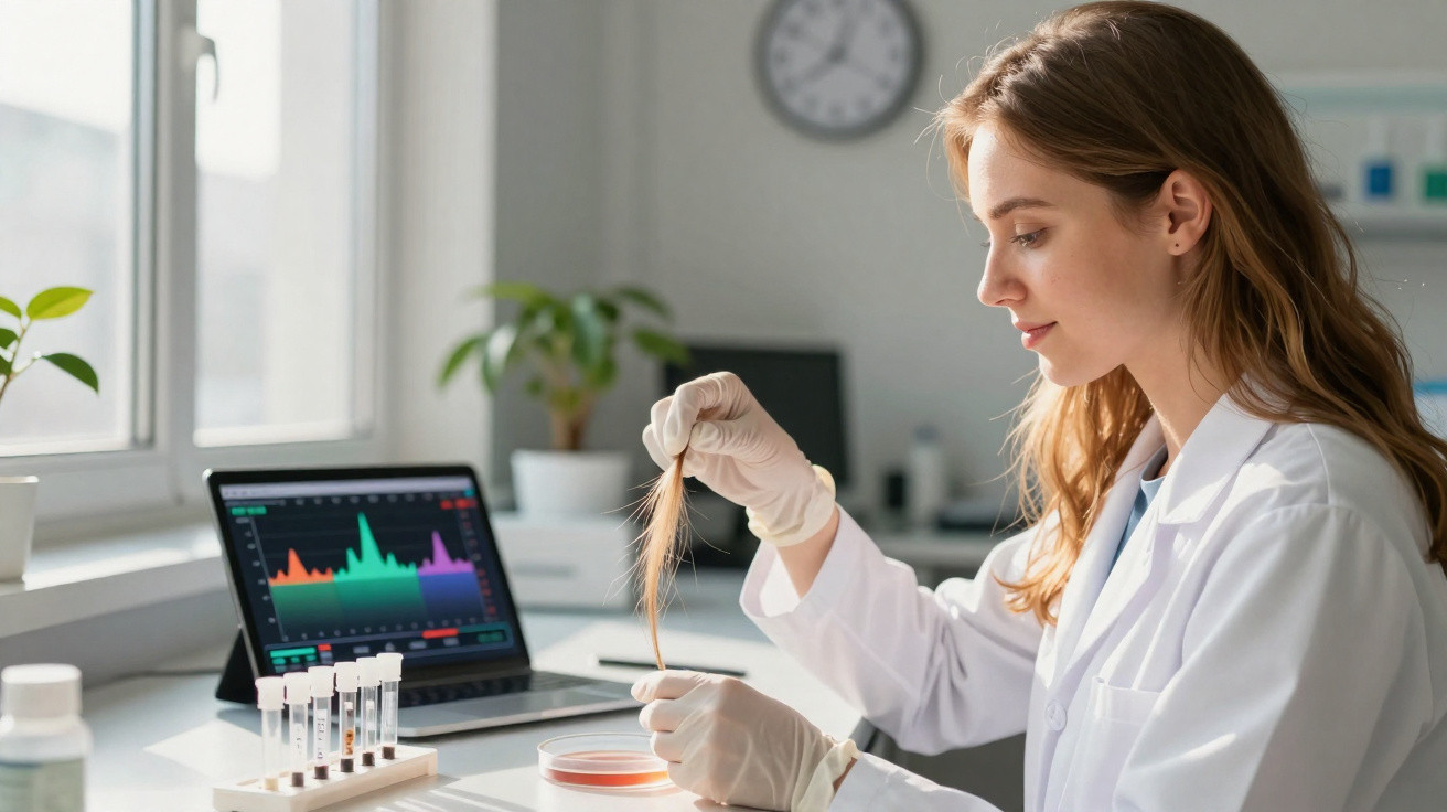 Cientista feminina analisando amostra de cabelo em laboratório com gráficos no laptop ao fundo.