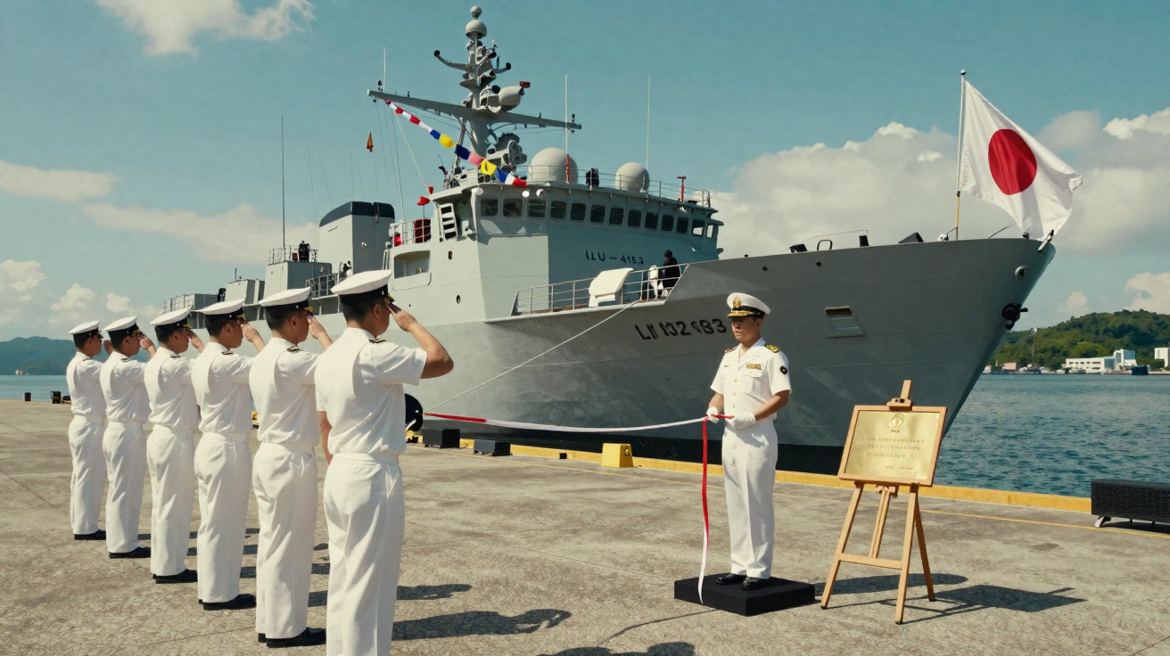 Marinheiros em uniforme branco em homenagem diante de navio da Marinha do Japão no cais ensolarado.