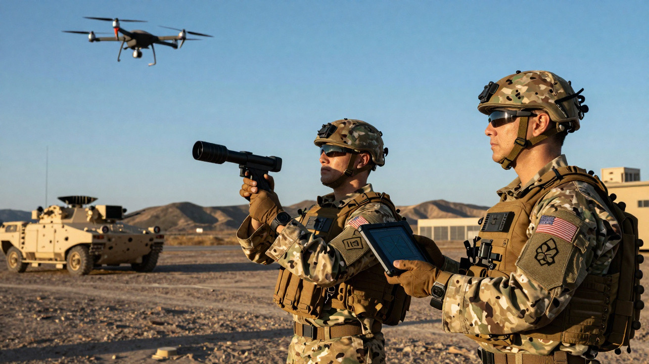 Dois soldados em uniforme camuflado operam um drone em área desértica com veículo militar ao fundo.