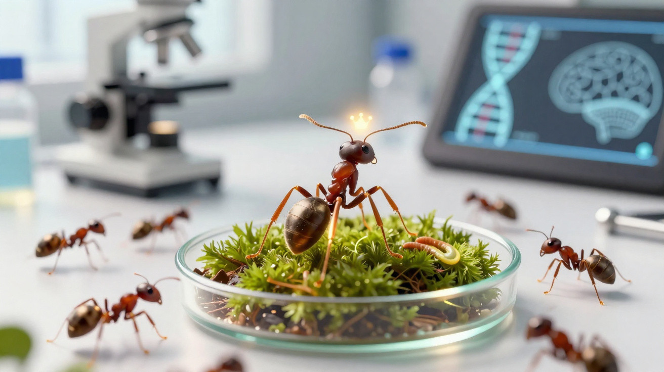 Formiga em prato de cultura com musgo, em ambiente de laboratório com microscópio e tela digital ao fundo.
