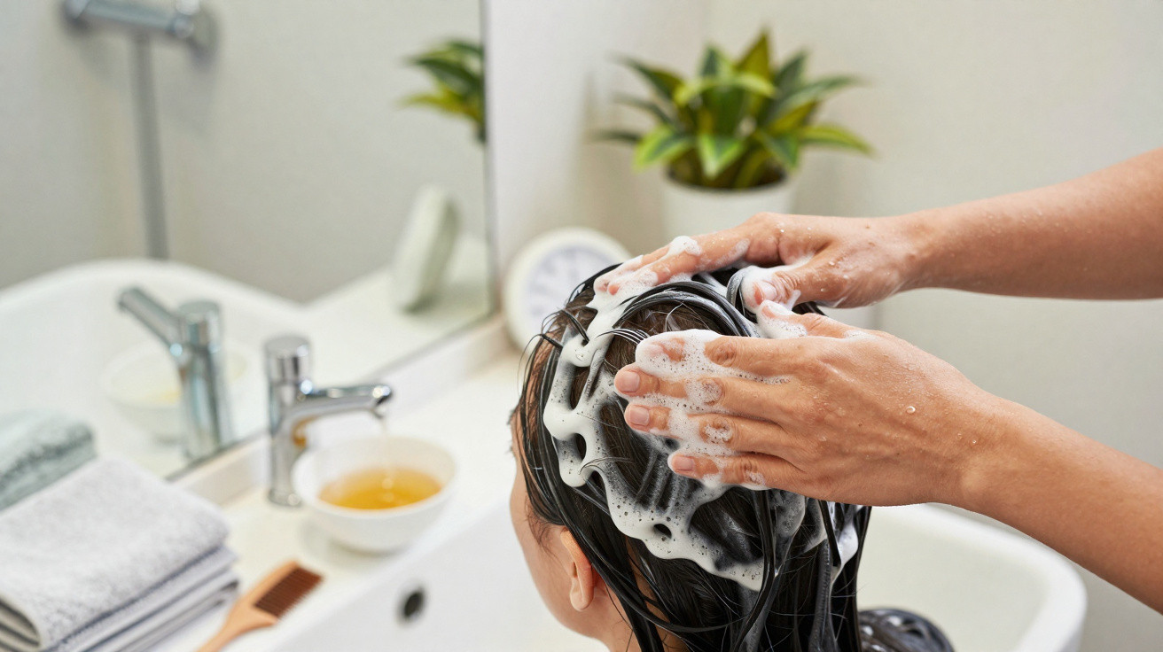 Pessoa lavando cabelo com shampoo em pia de salão de beleza, com espuma branca e mãos femininas.