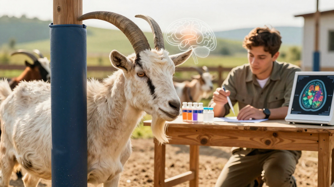 Cabra próxima a uma mesa com cientista analisando amostras em ambiente externo rural.