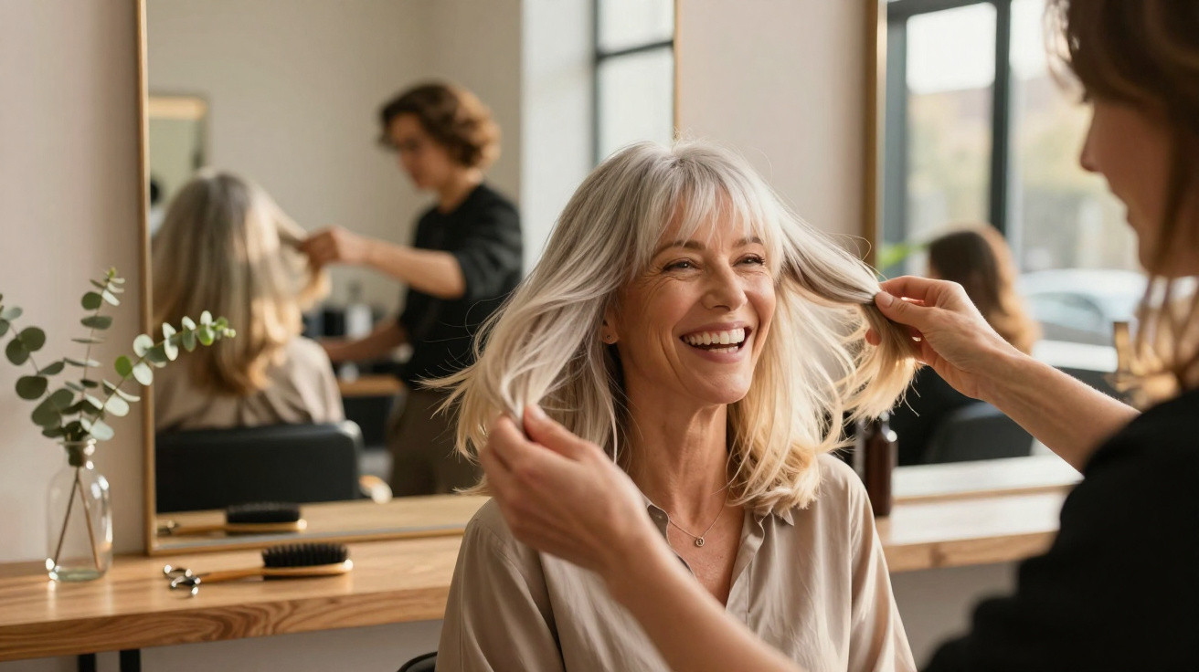 Mulher sorridente com cabelo grisalho sendo penteada em salão de beleza moderno e iluminado.