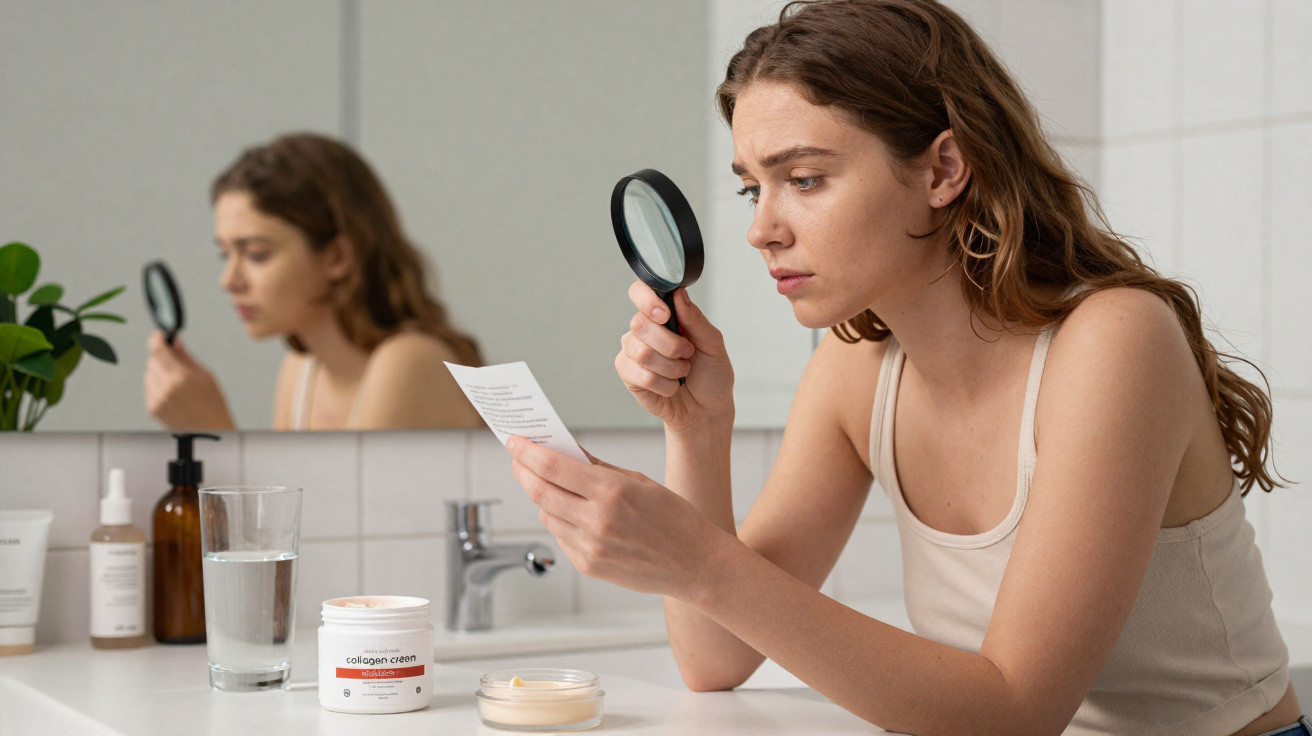 Mulher analisando rótulo de produto cosmético com lupa no banheiro, com frascos e espelho ao fundo.