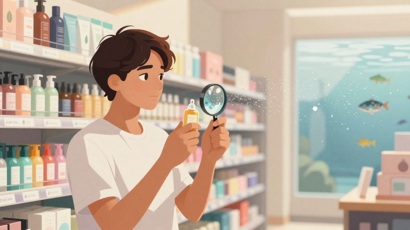 Jovem observa frasco com lupa em loja iluminada, prateleiras cheias de produtos ao fundo.