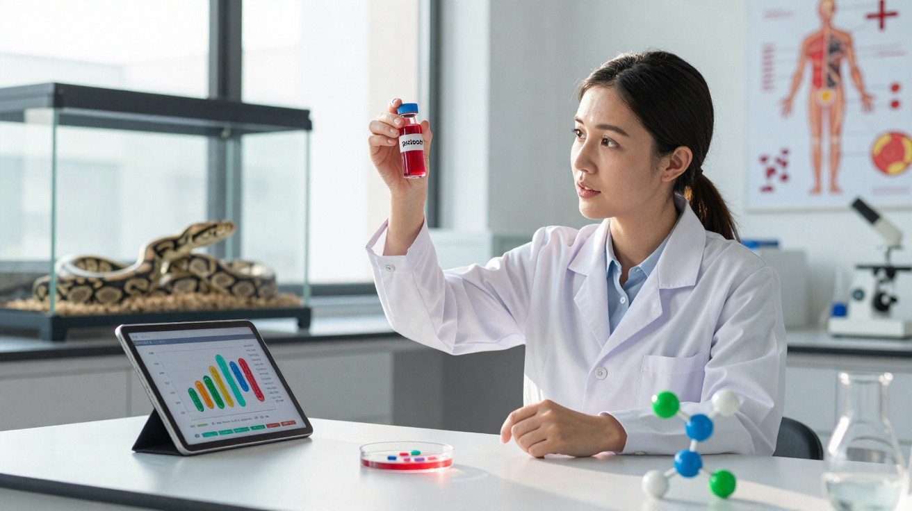 Cientista mulher em laboratório segurando frasco com líquido vermelho e analisando dados em tablet.