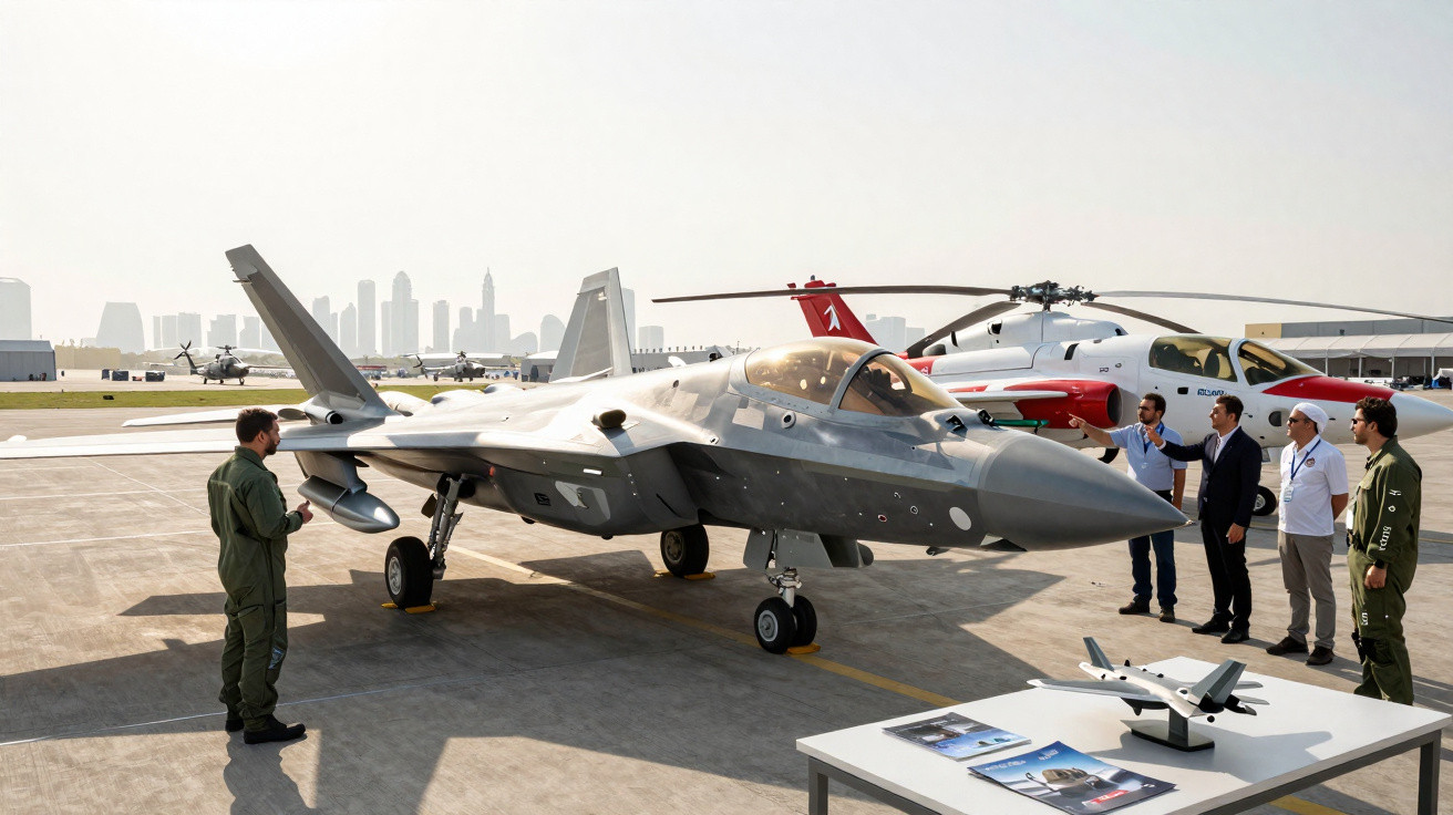 Caças e helicópteros militares em exposição ao ar livre com pessoas observando e discutindo na pista de aeroporto.