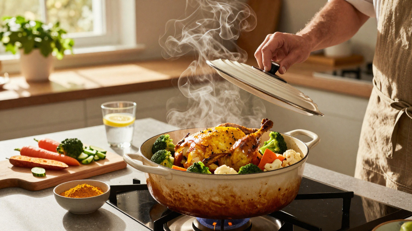 Mão levantando tampa de panela com frango assado e legumes cozinhando no fogão a gás na cozinha iluminada.