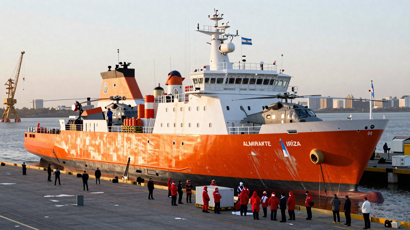 Navio de patrulha marítima laranja com tripulação vestida de vermelho em porto urbano ao entardecer.